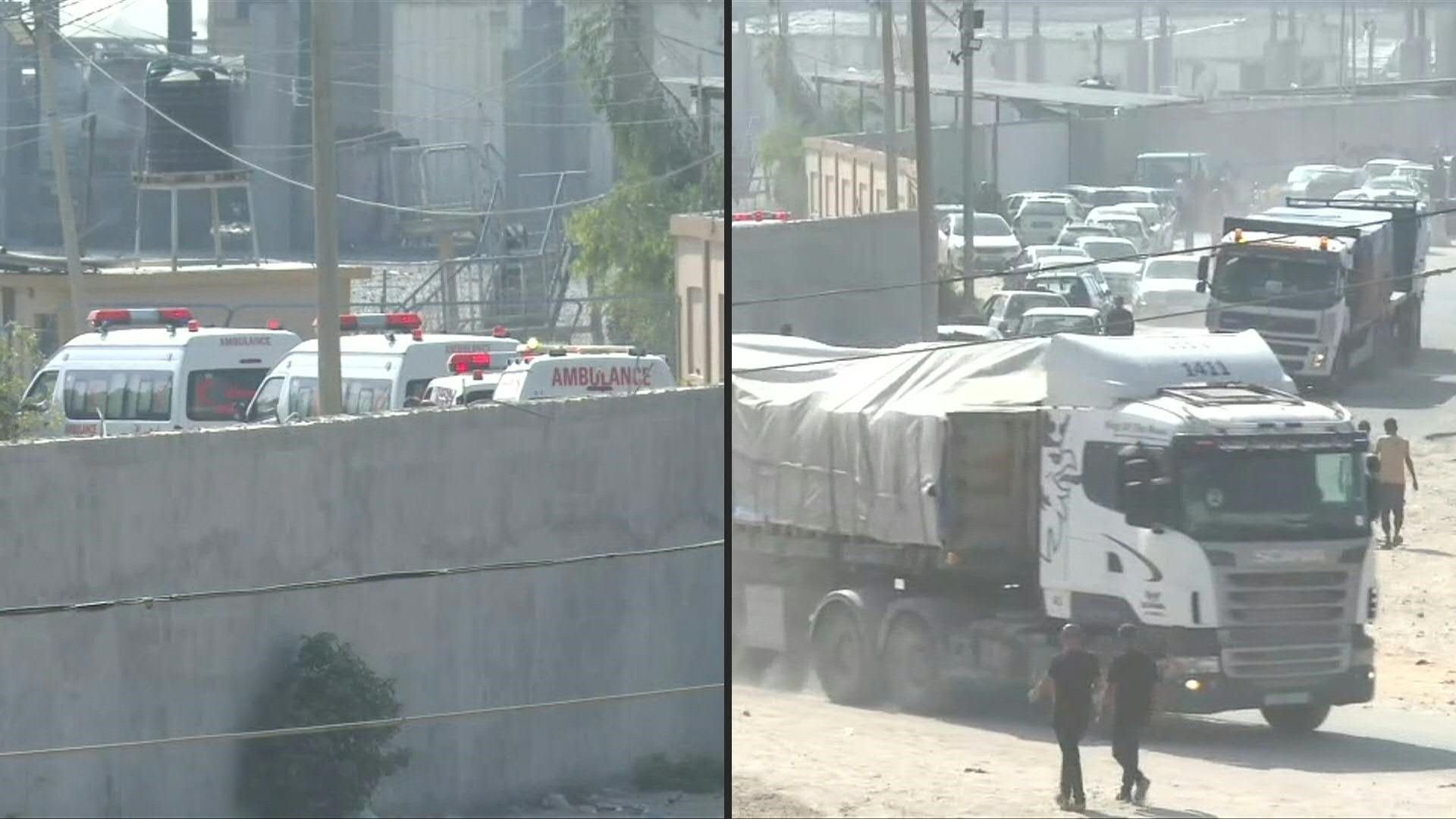Trucks loaded with humanitarian aid enter Rafah and ambulances wait