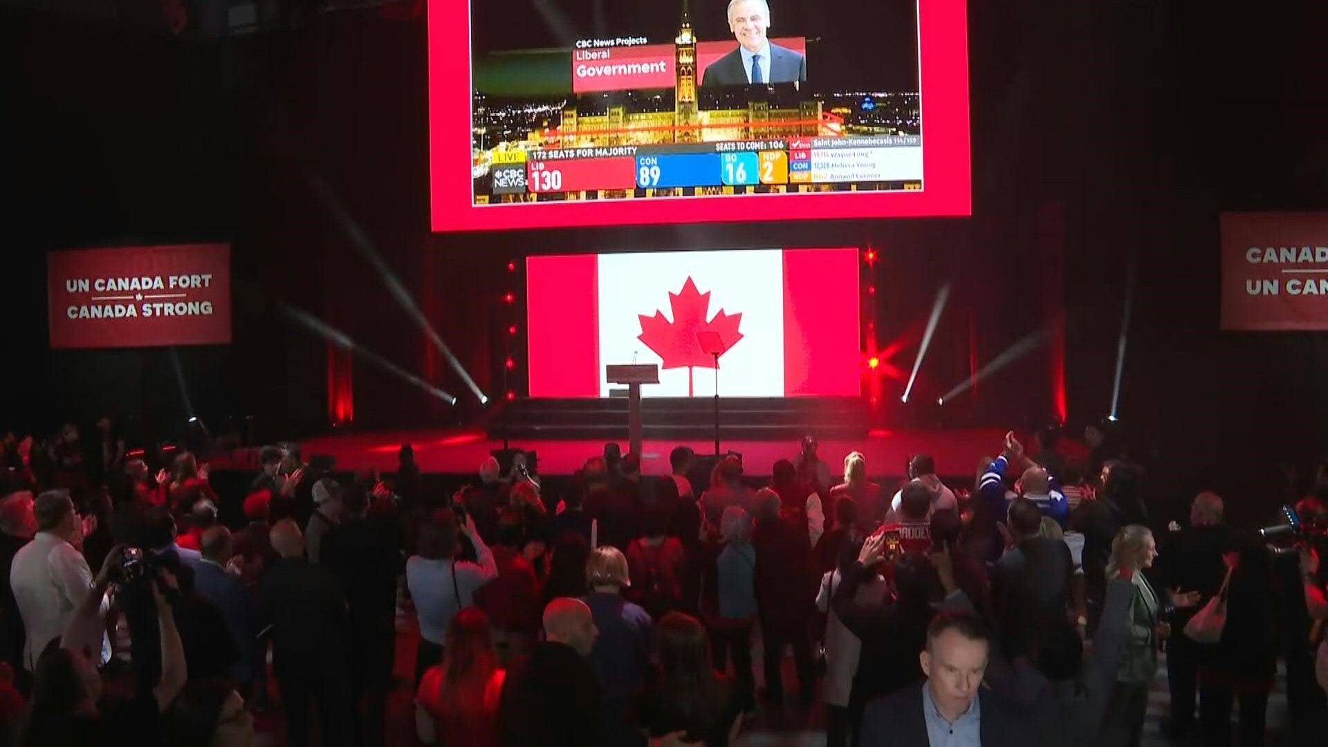 Video: Canadian prime minister's supporters cheer as media project Liberal victory