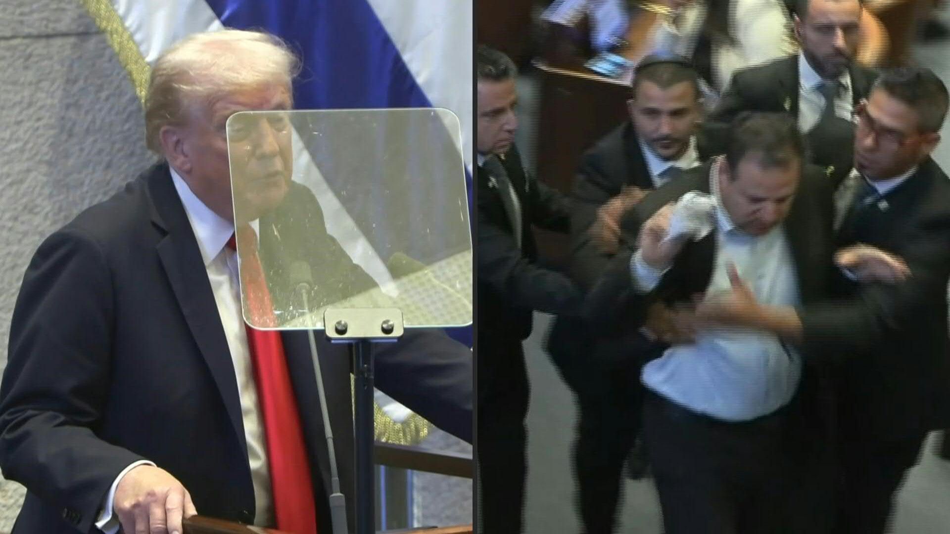Trump heckled at Knesset as his speech briefly interrupted