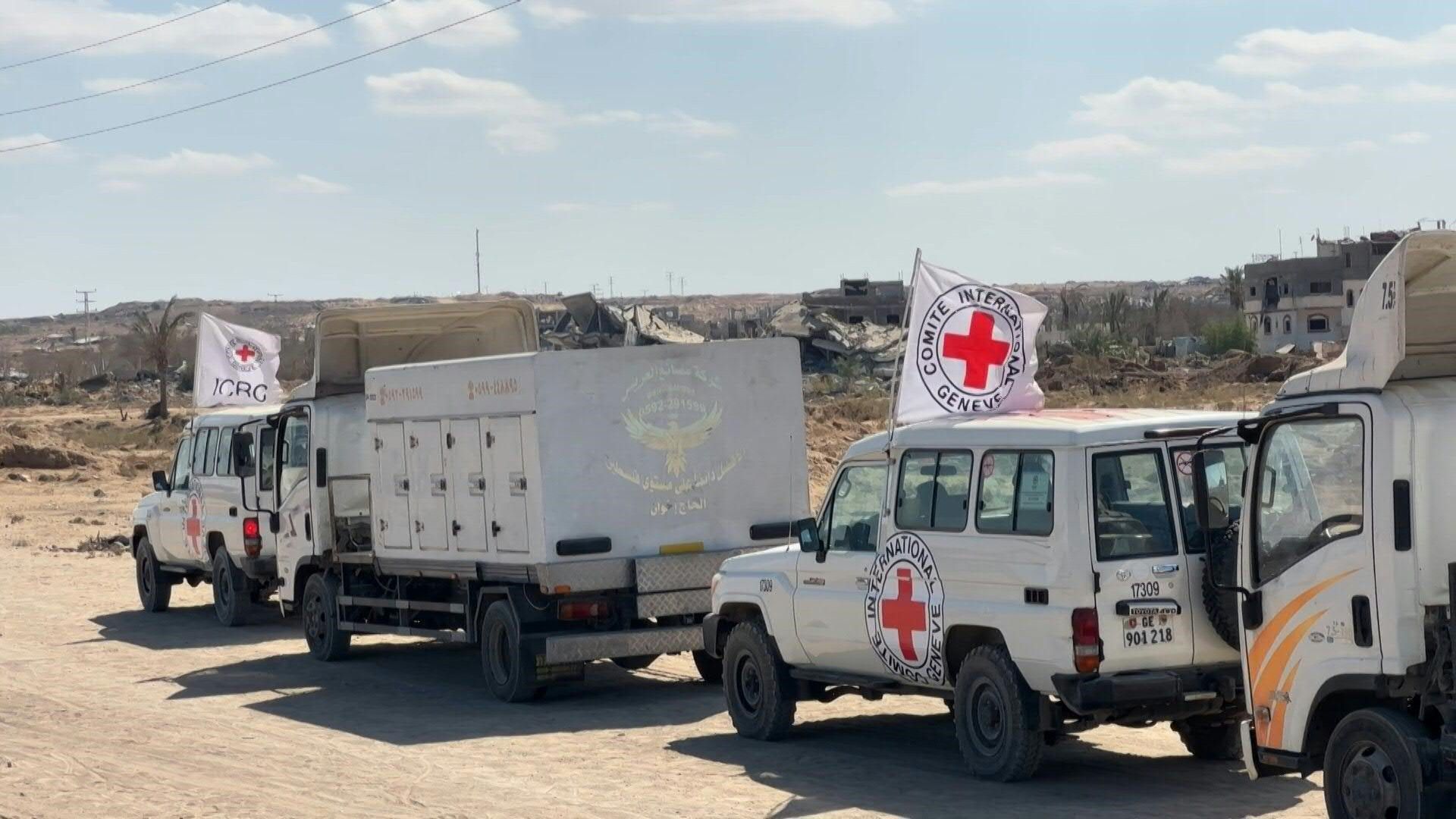 ICRC vehicles prepare to retrieve bodies of Palestinian prisoners in Israel