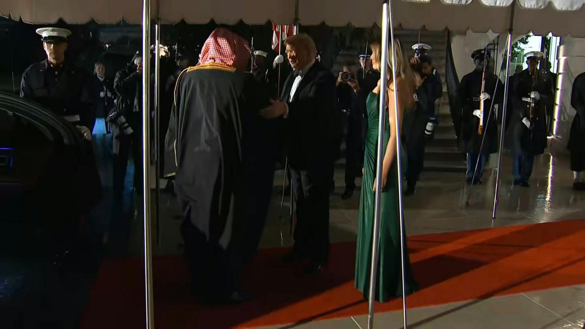 US President and First Lady greet Saudi Crown Prince Mohammed bin Salman at White House dinner