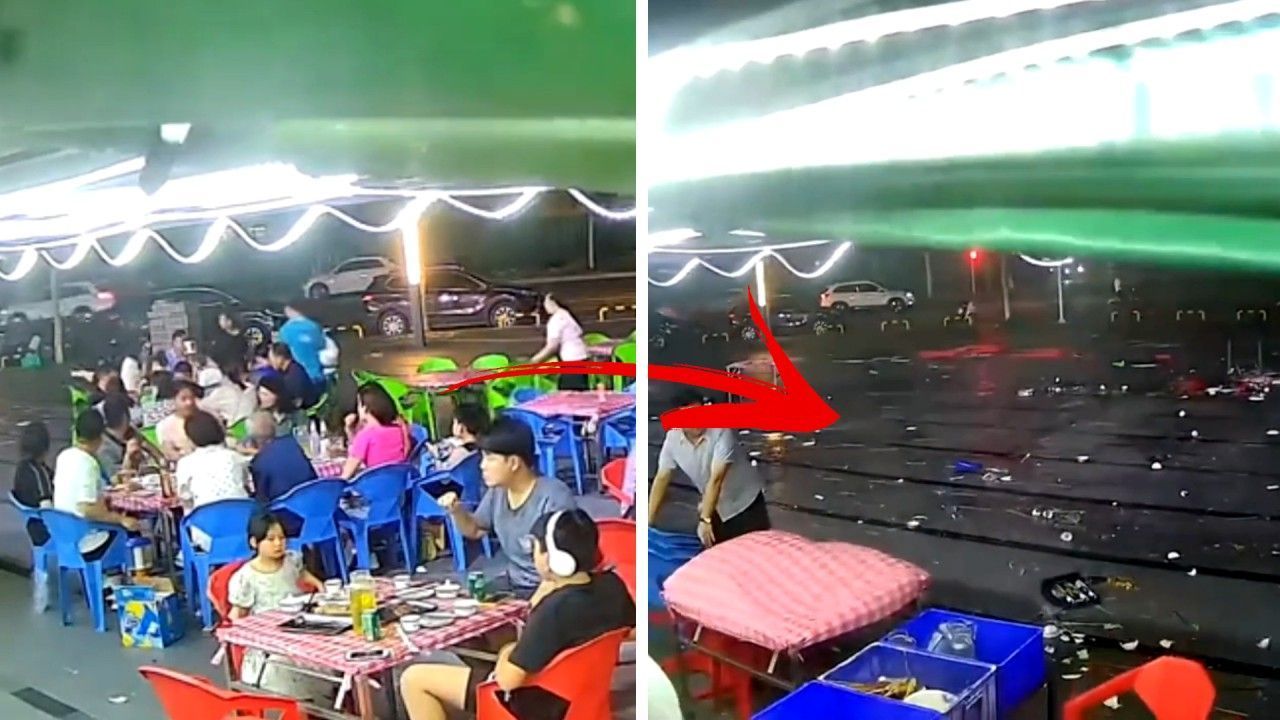 Abendessen abrupt beendet: Sturm fegt Restaurant-Terrasse leer