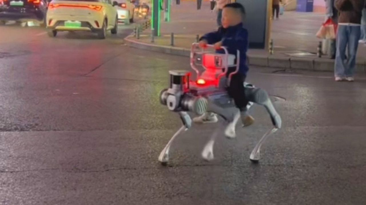 Blick in die Zukunft: Kleiner Junge in China reitet auf Roboterhund