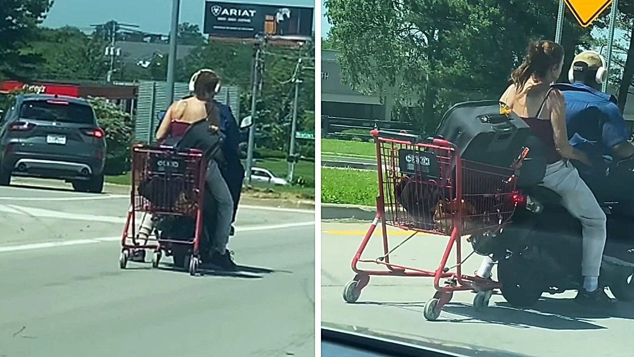 Video: Einkaufswagen im Schlepptau – Rollerfahrer mit ganz speziellem Anhänger unterwegs