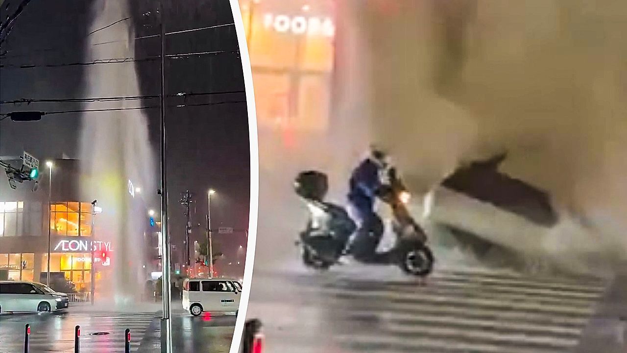 Wasserfontäne durchbricht plötzlich Straße: Heftige Regenfälle in Japan