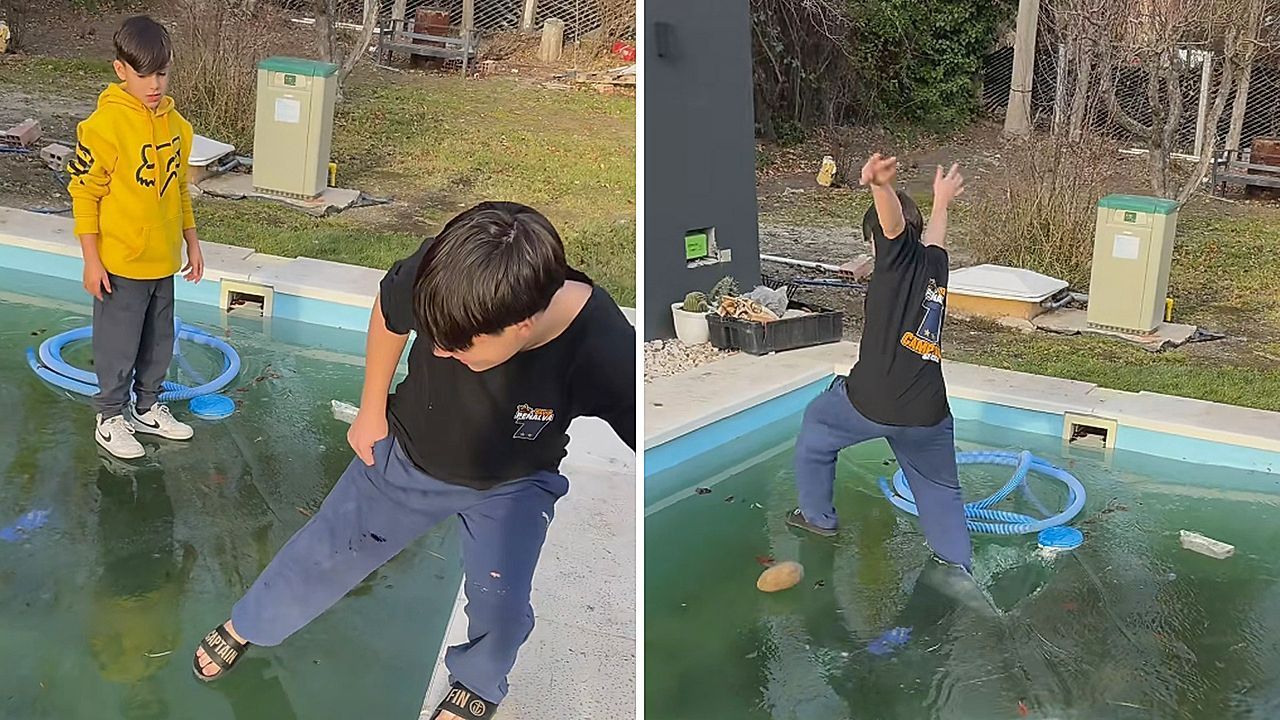 Video: Jungs laufen über gefrorenen Pool – dann wirft einer einen Stein