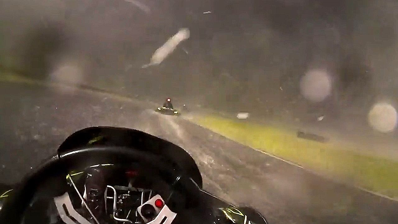 Go-kart drivers power through rain, hail and thunder in spectacular race