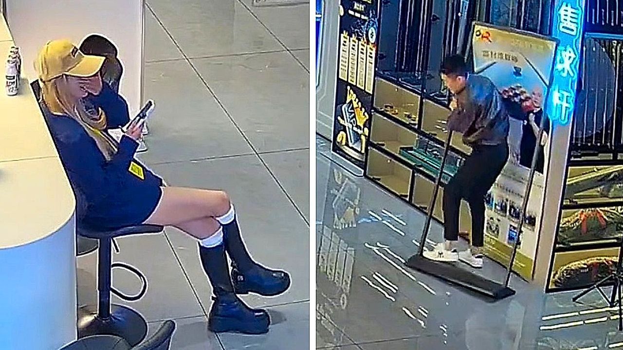 Smooth moves: Man distracted by woman walks into sign and window