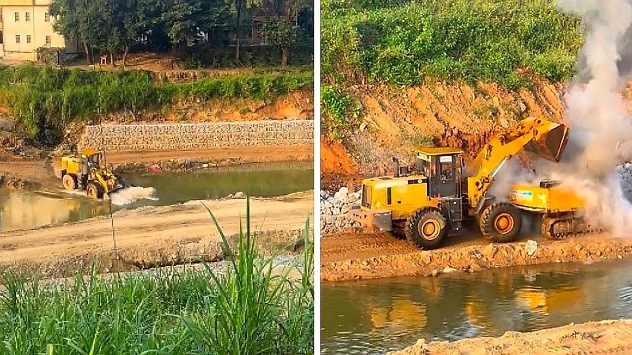 Construction worker heroically extinguishes excavator on fire with front loader