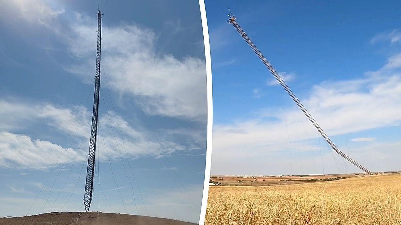 Spectacular 400-foot radio tower demolition in rural Oklahoma
