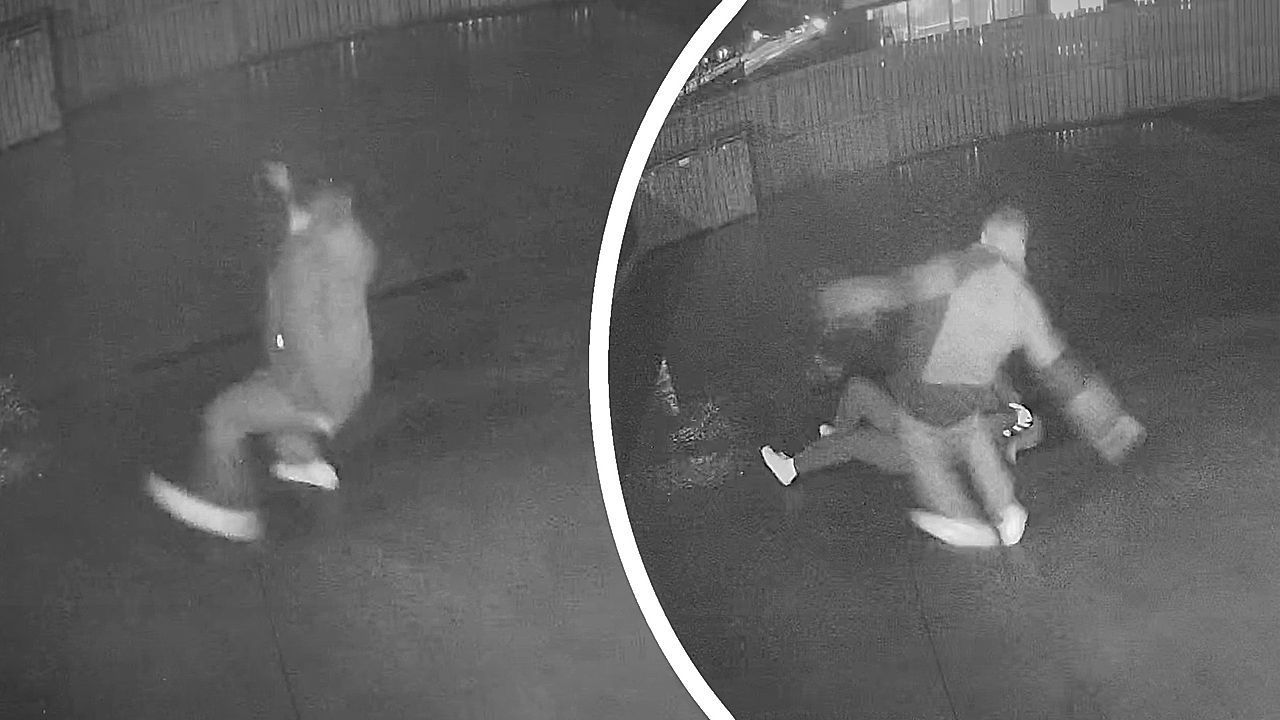 Hilarious moment couple slips and falls on SAME patch of ice