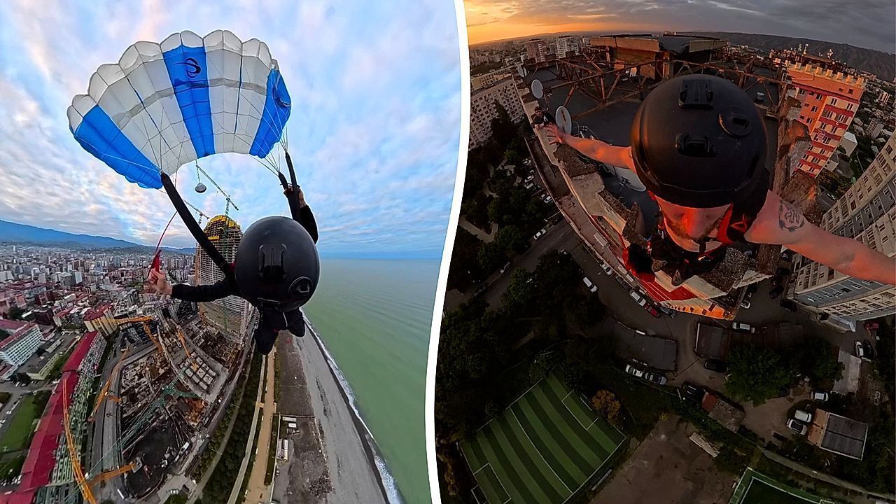 Video: Daredevil scales 130m building without safety gear - before leaping from top