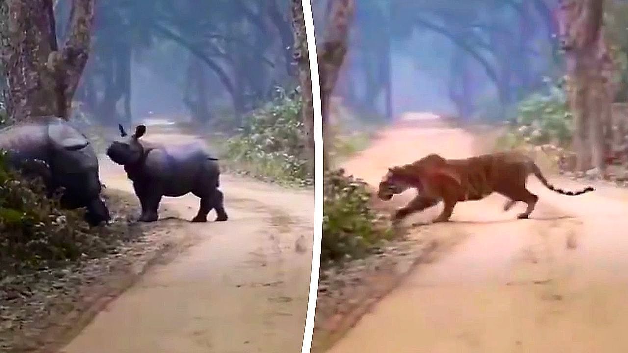 Video: Mother rhino charges tiger to save her calf in rare roadside showdown