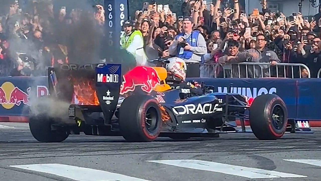 Video: Red Bull F1 car bursts into flames during San Francisco demo run