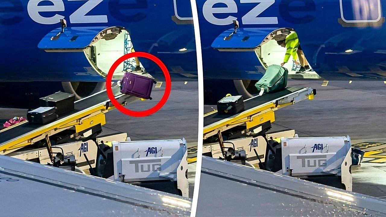Video: Unsanfte Landung: Fluggepäck fliegt beim Entladen vom Förderband