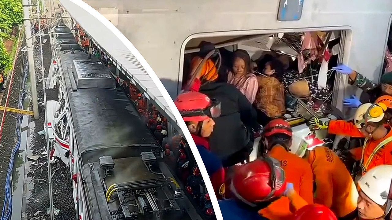 Video: Fernzug kracht in Pendlerbahn: Mindestens 14 Tote bei Zugunglück in Indonesien