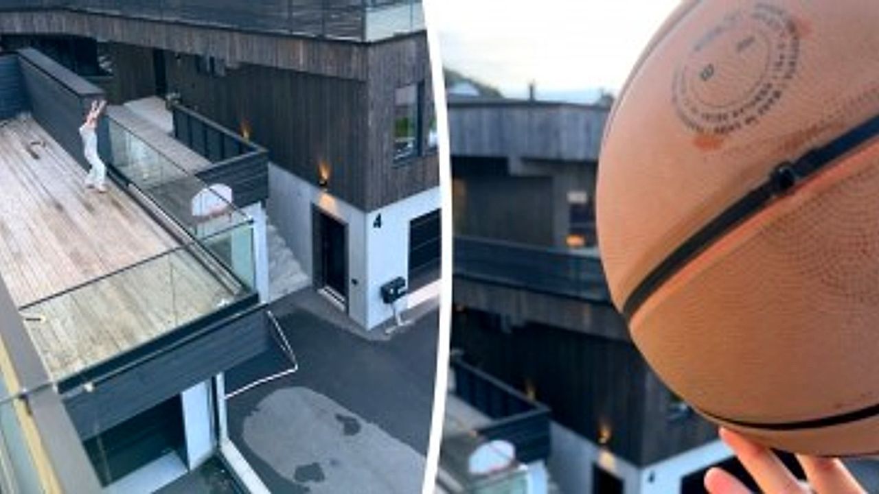 Video: Basketball trick shot goes in from a balcony