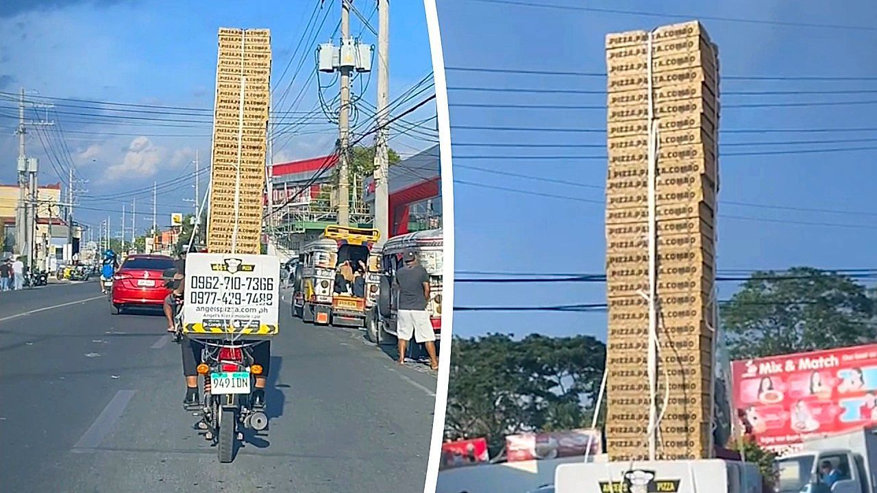 Video: Wackelnder Pizza-Turm: Schräge Motorradfahrt auf den Philippinen
