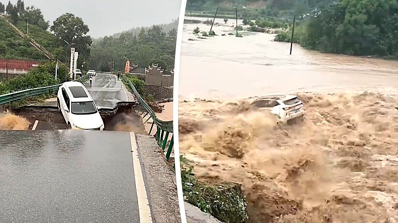 Video: Heftige Regenfälle in Zentralchina: Auto stürzt von beschädigter Brücke ins Hochwasser