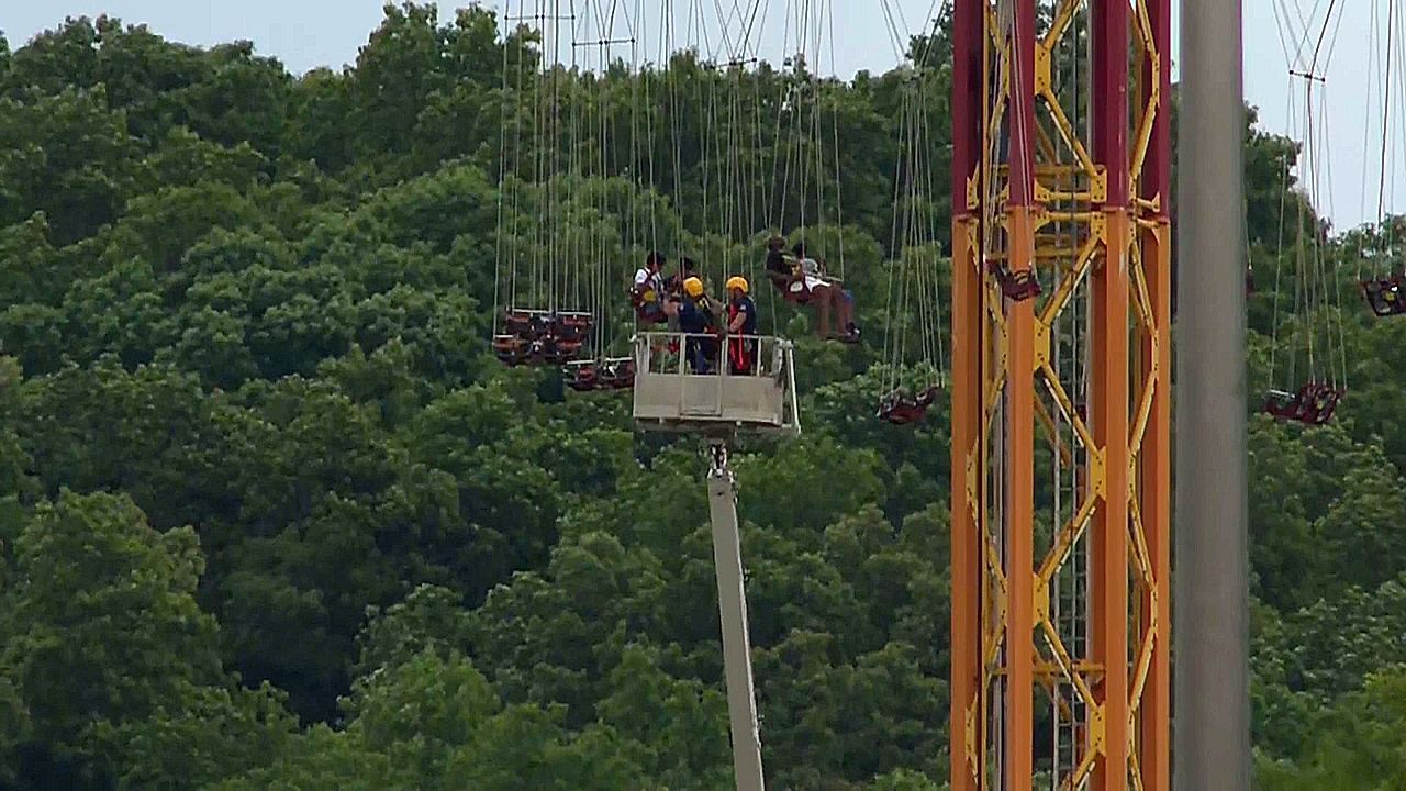 Video: Family of four rescued after Missouri amusement park ride leaves them stuck 120 feet in the air