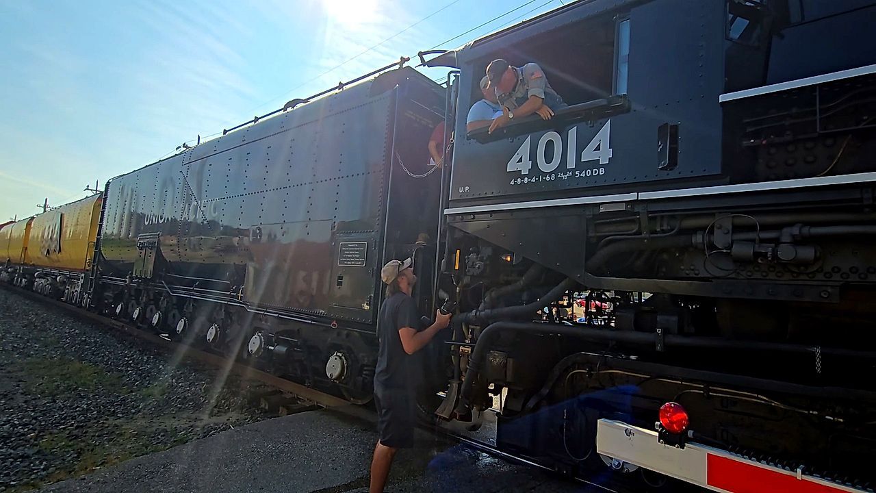 Union Pacific 'Big Boy' locomotive engineer scolds photographer for standing in front of train