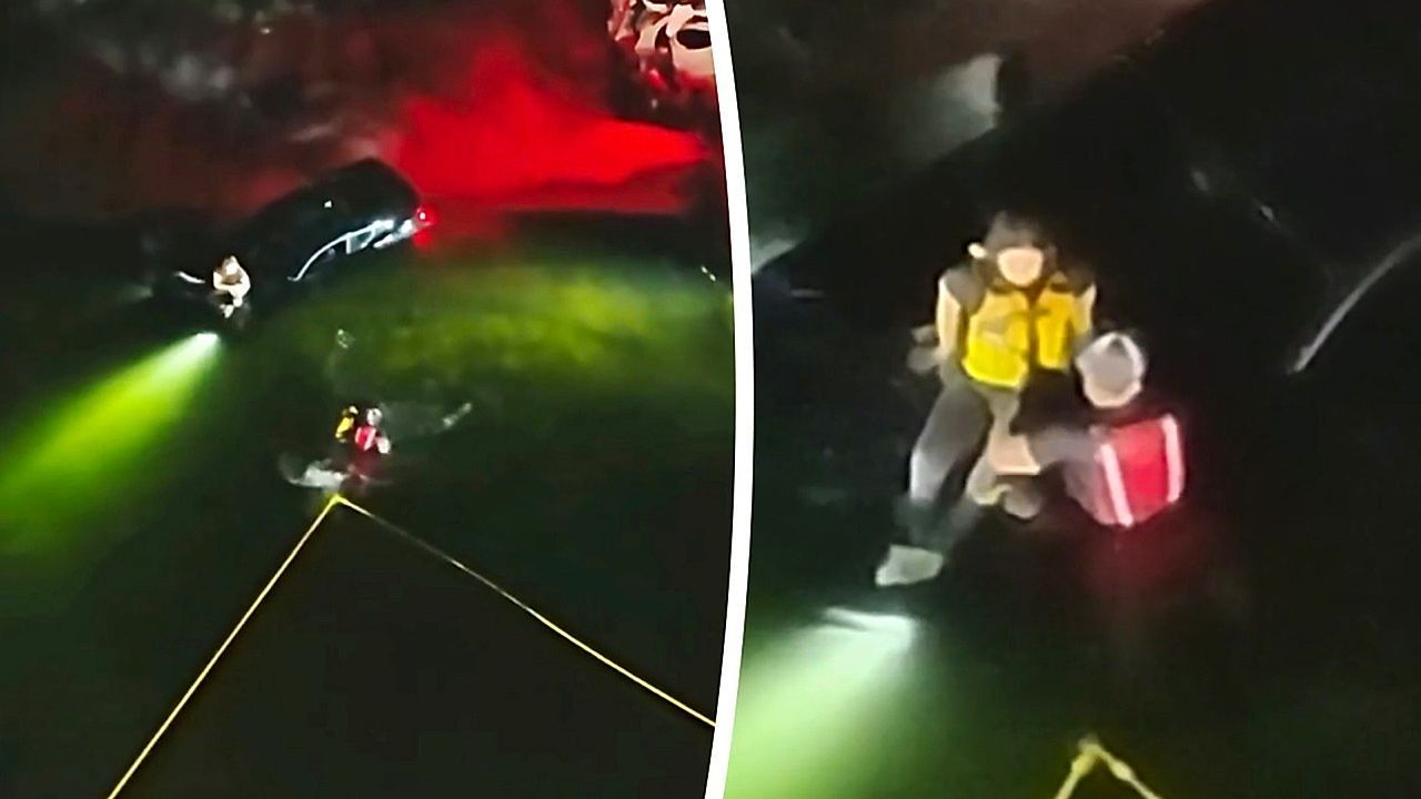 Video: Auto im reißenden Wasser: Feuerwehr rettet Fahrerin aus kalifornischem Kanal