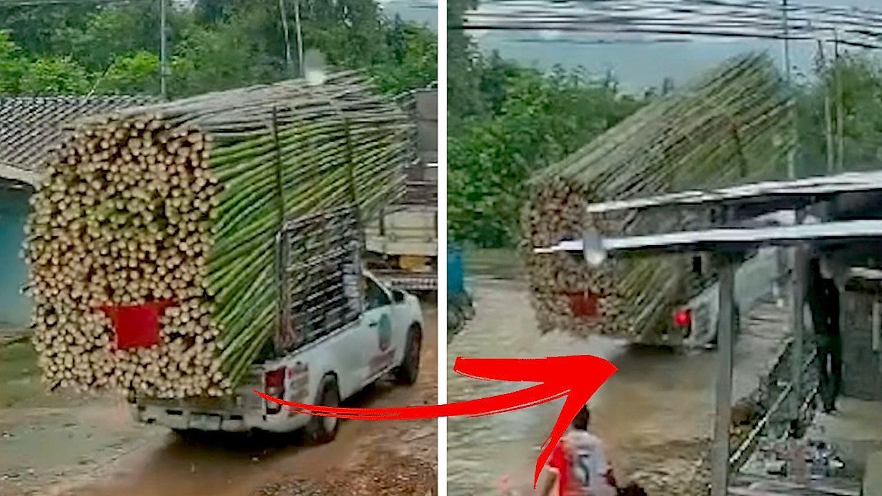 Video: Physik schlägt zu: Überladener Pick-up verliert Bambusladung