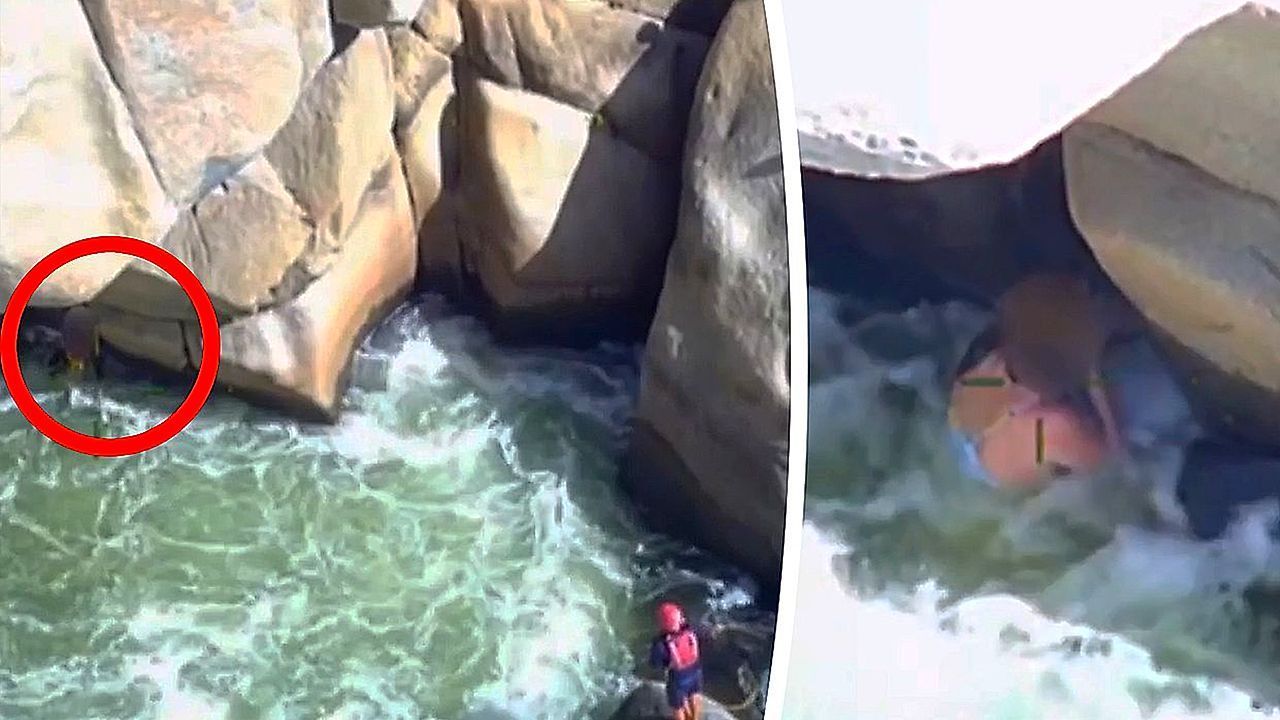 Video: Rettung in Kalifornien: Frau klammert sich an Felsen in reißendem Fluss