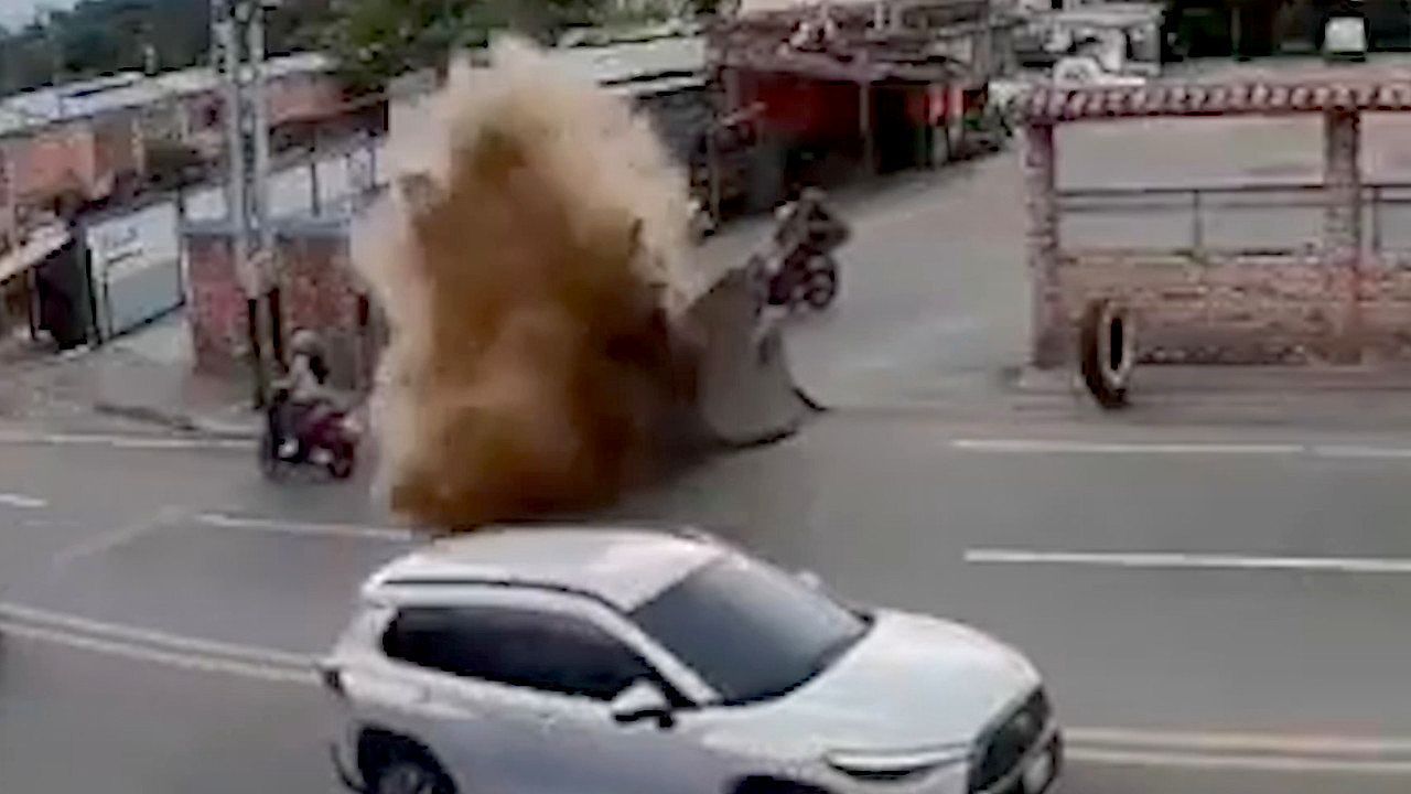 Video: Water main bursts beneath the road in Venezuela, hurling cars into a towering geyser