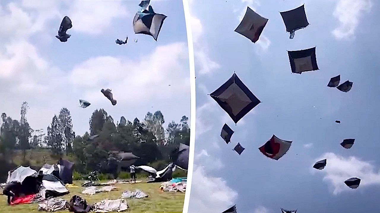 Dozens of tents soar like hot-air balloons as whirlwind hits volcano campsite