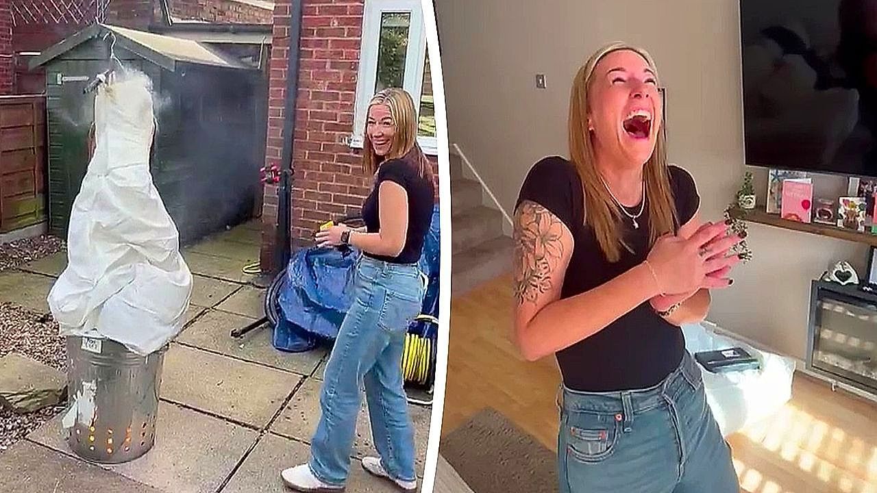 Video: Mum burns £2,000 wedding dress at her divorce party