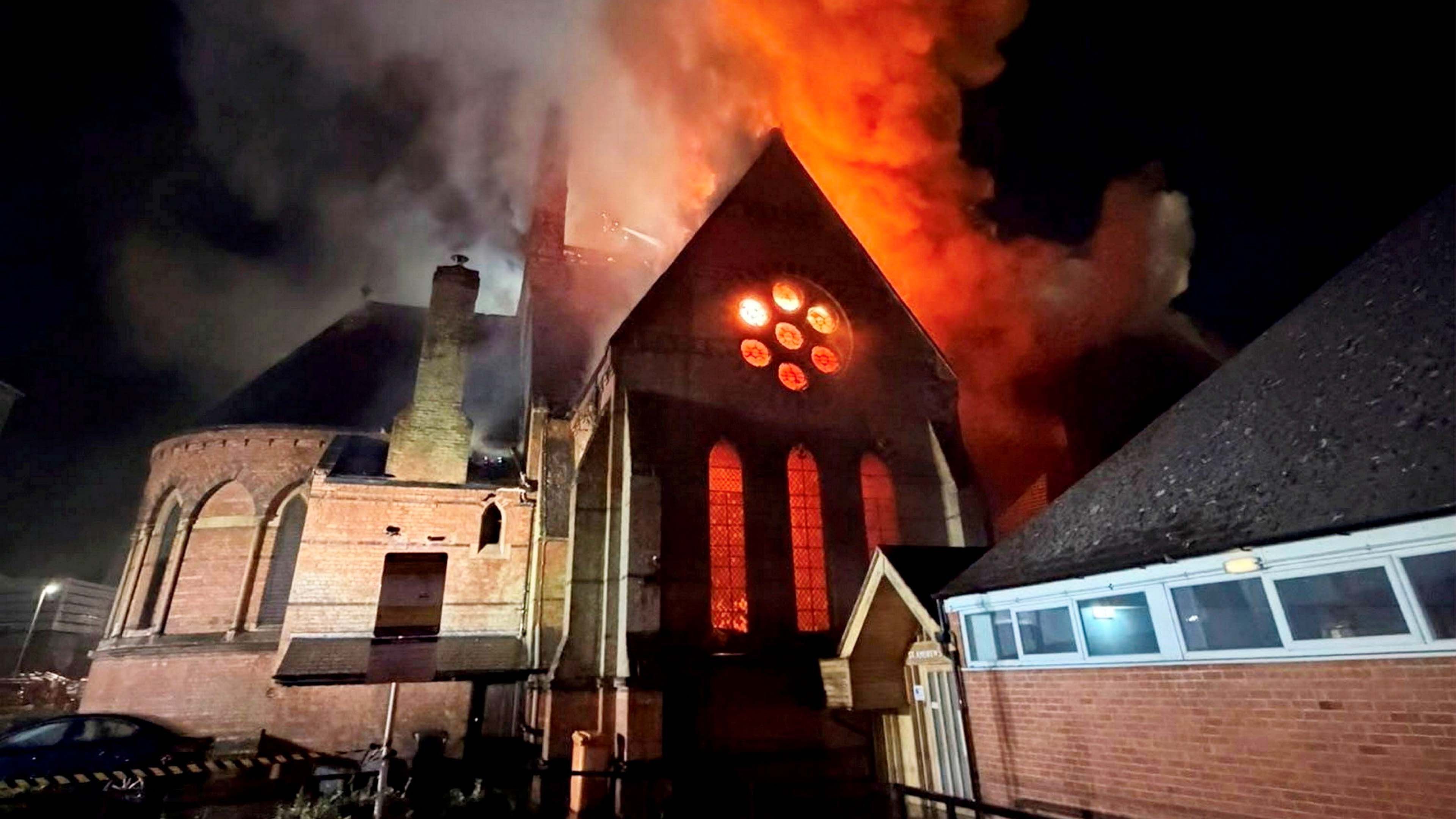 Video: Fire crews tackle major blaze at 160-year-old church in Leicester