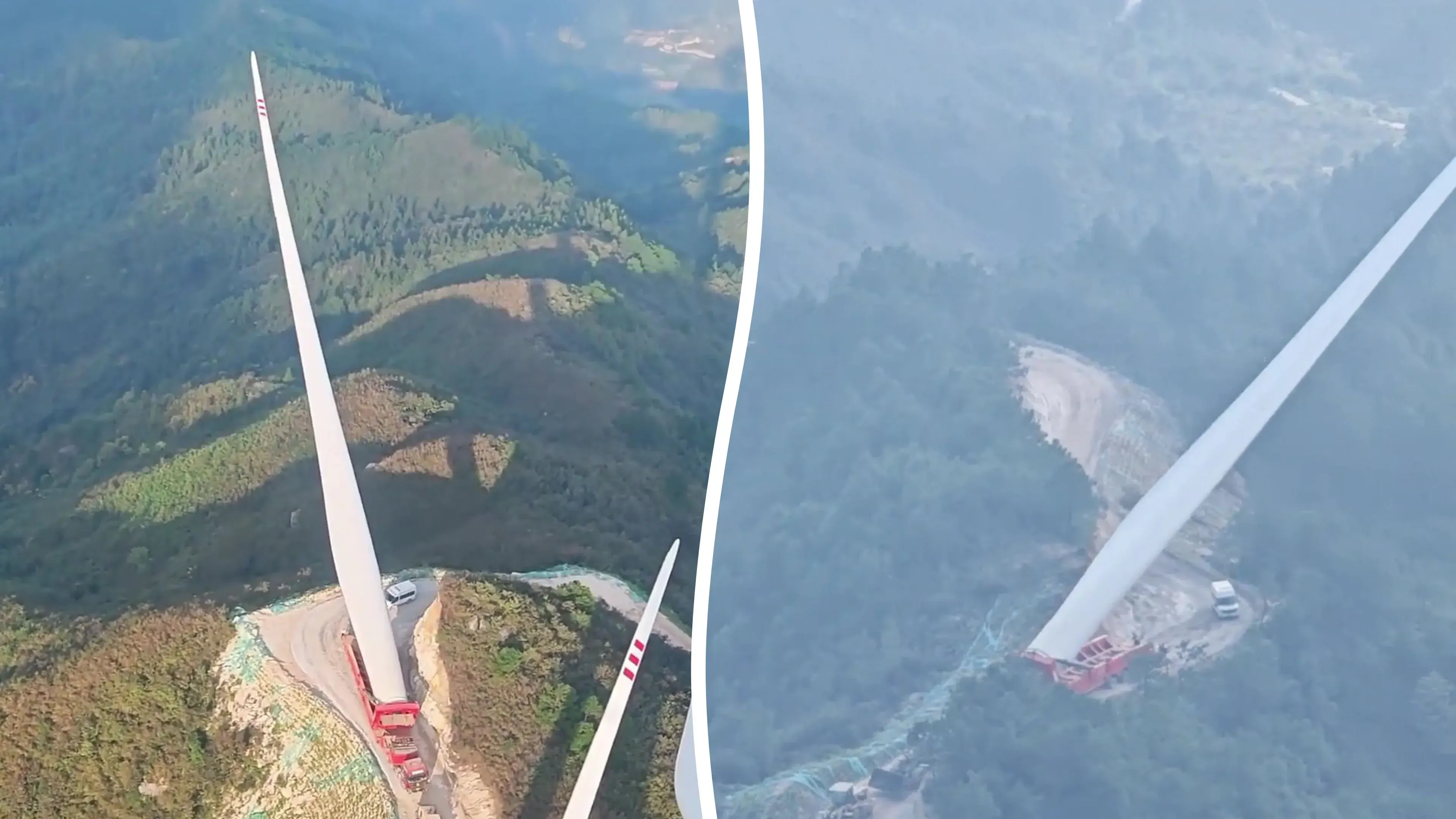 Video: Riesiges Rotorblatt einer Windkraftanlage schwankt am Rand einer Bergstraße entlang