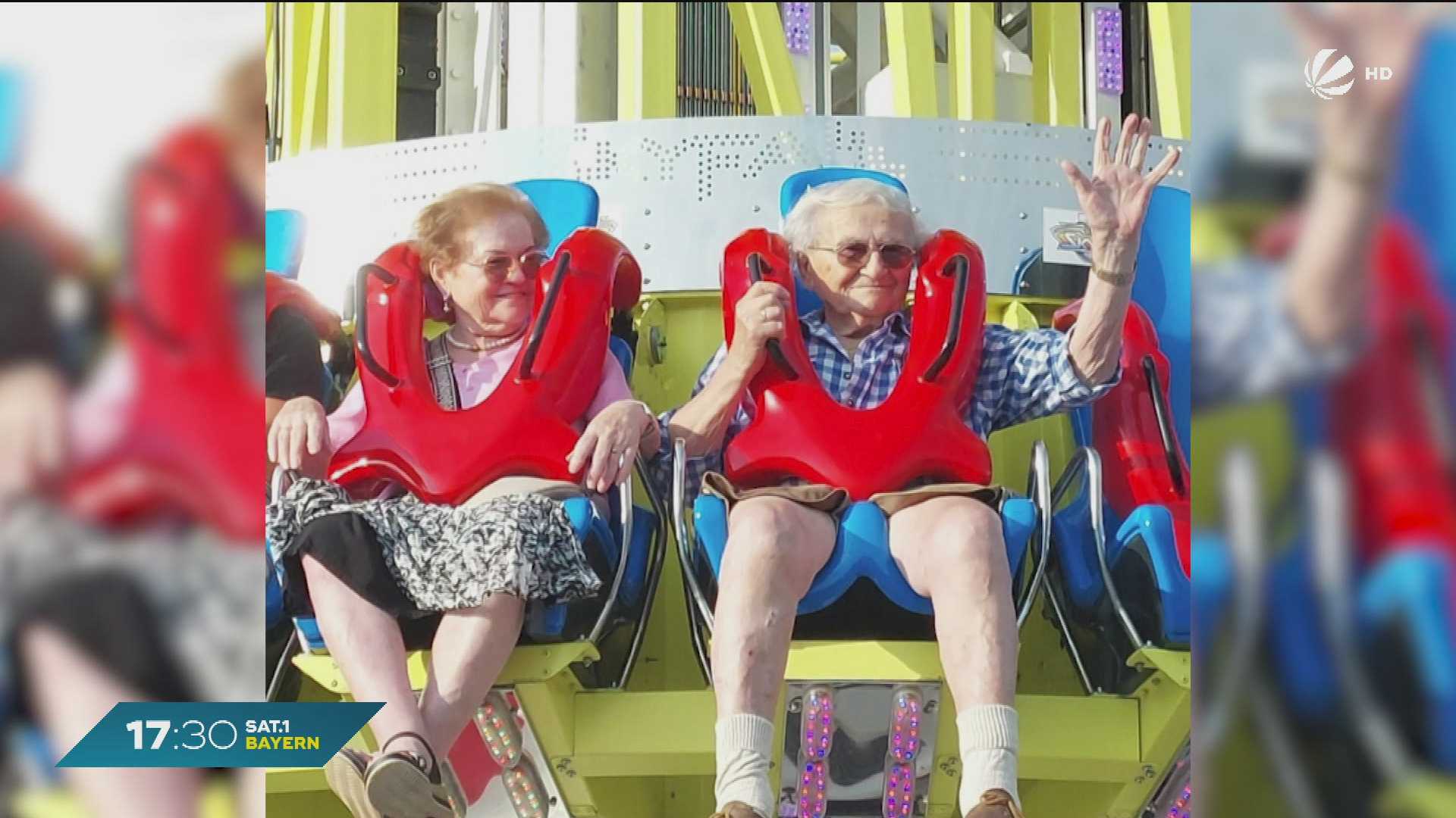 Video: Mit 93 Jahren: Niederbayer und Partnerin suchen Abenteuer im Freefall Tower